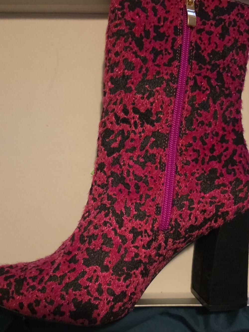 Women's Pink and Black Leopard-Print Block Heel Ankle Boot with Side Zip